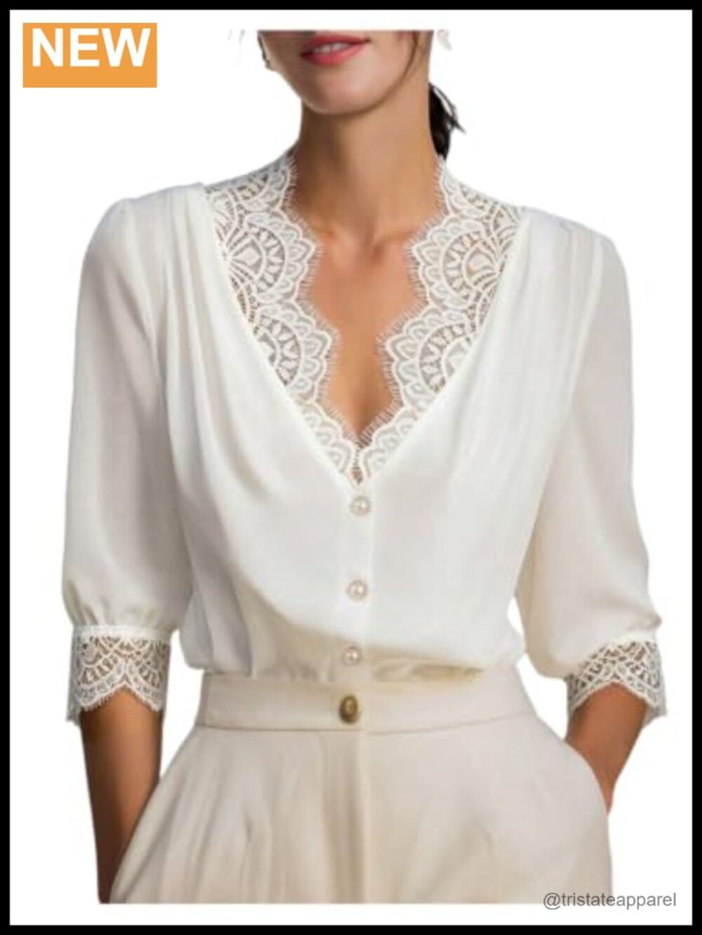 Elegant Lace V Neck Puff Sleeve Blouse Pearl Button Up Top